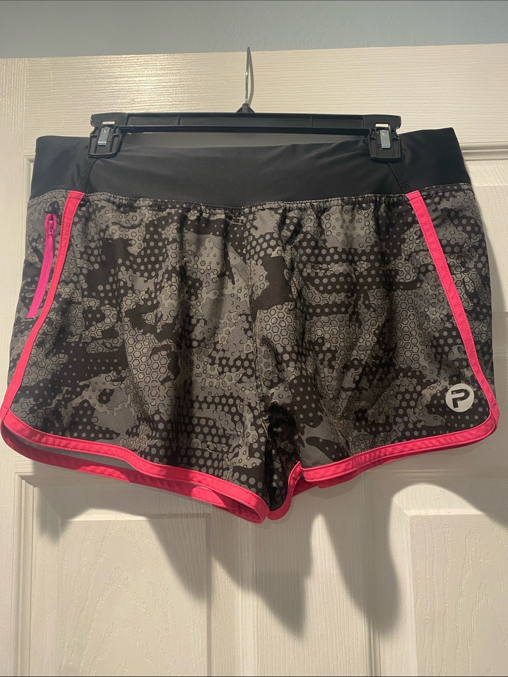 Pelagic Women's Black Camo Athletic Shorts with Pink Trim
